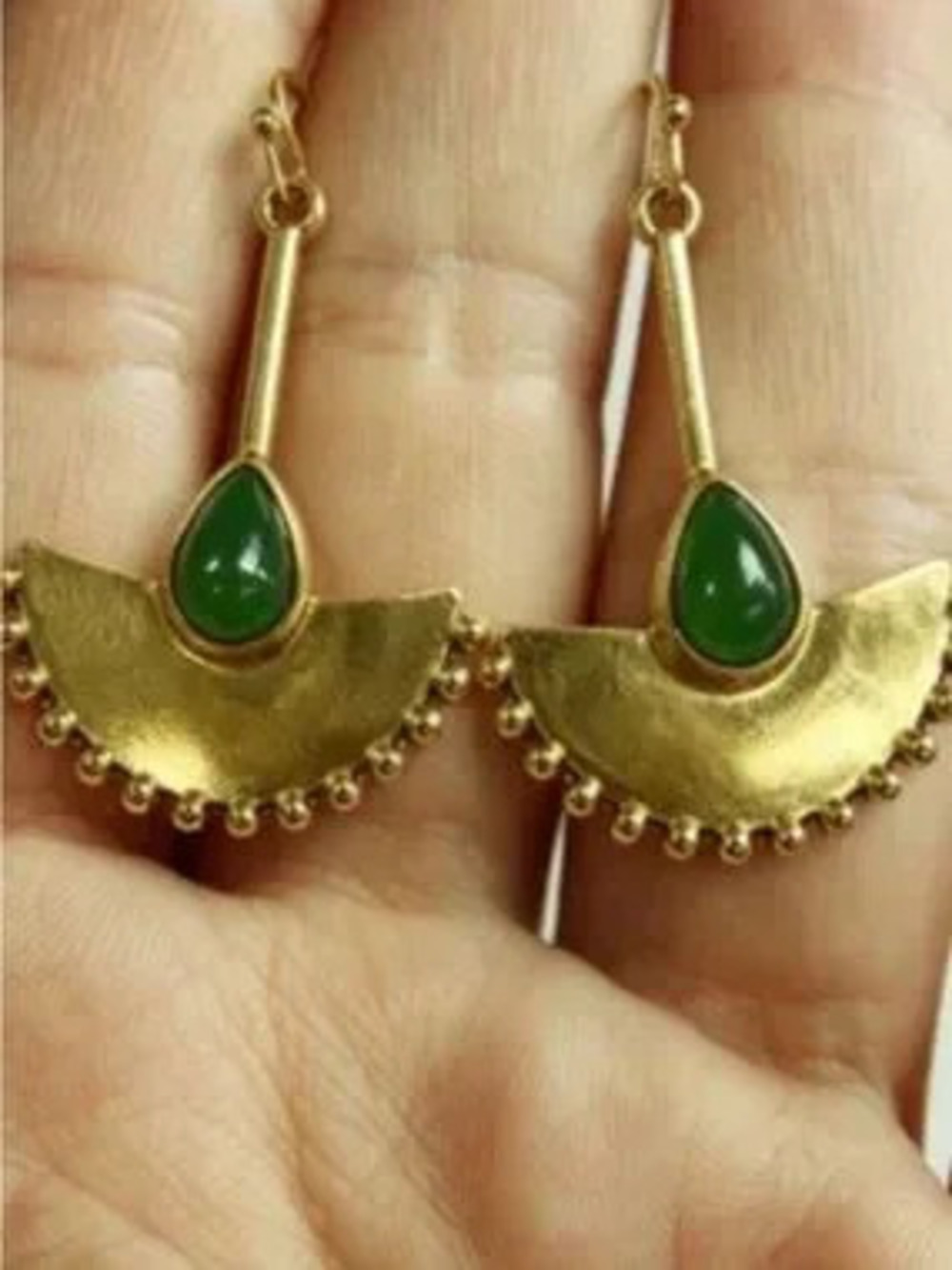 Gold Hammered Fan Earrings with Green Teardrop